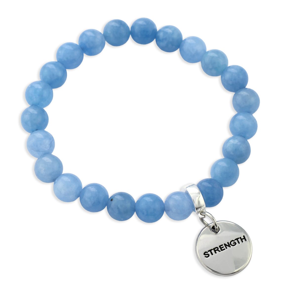 Blue beaded bracelet with a 'STRENGTH' charm on a white background
