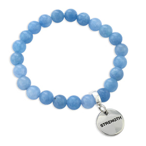 Blue beaded bracelet with a 'STRENGTH' charm on a white background