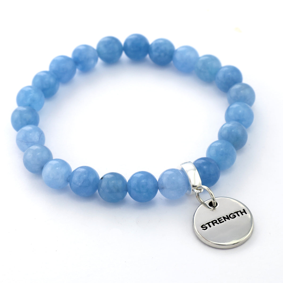 Blue beaded bracelet with a 'STRENGTH' charm on a white background