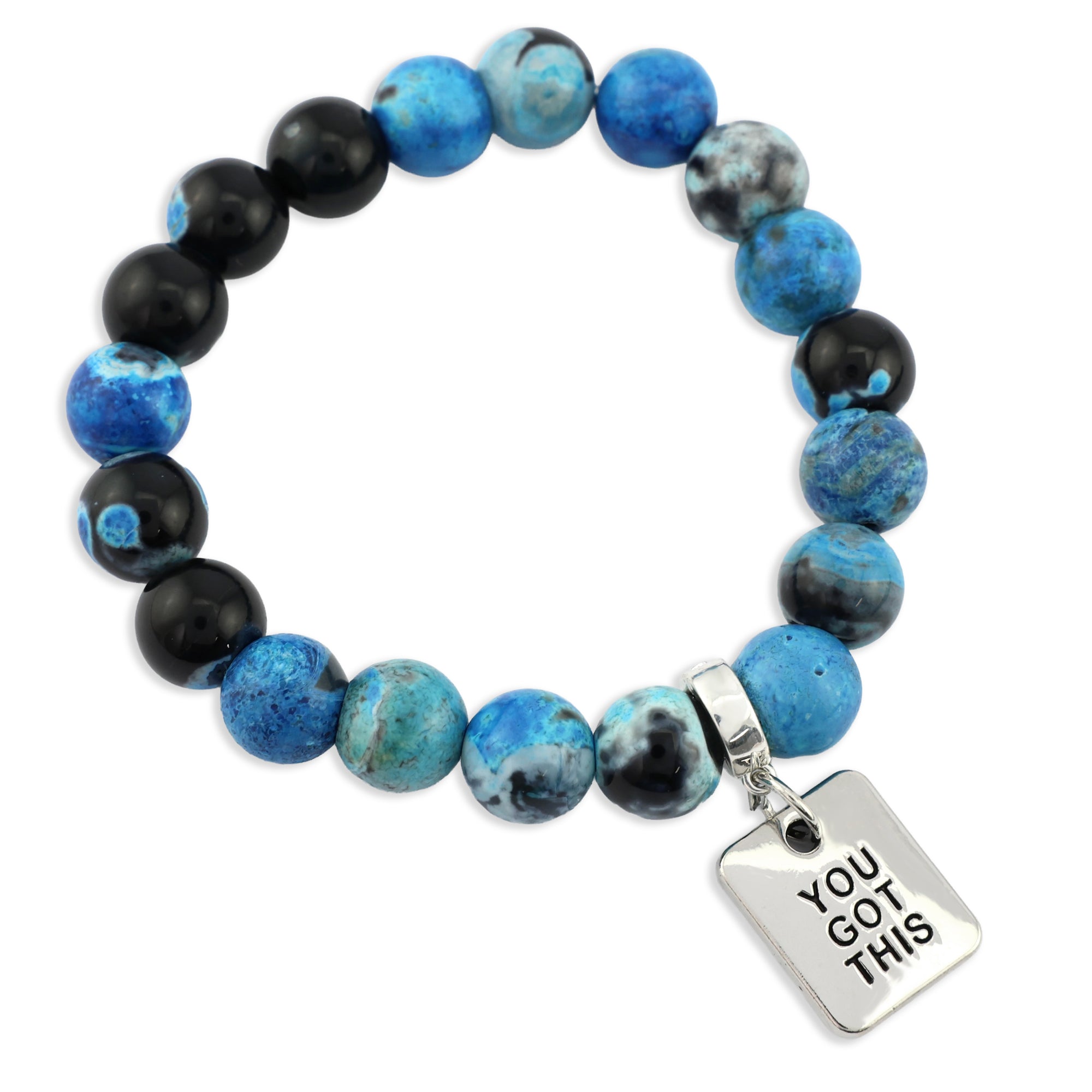 Blue and black beaded bracelets with motivational charms on a white background