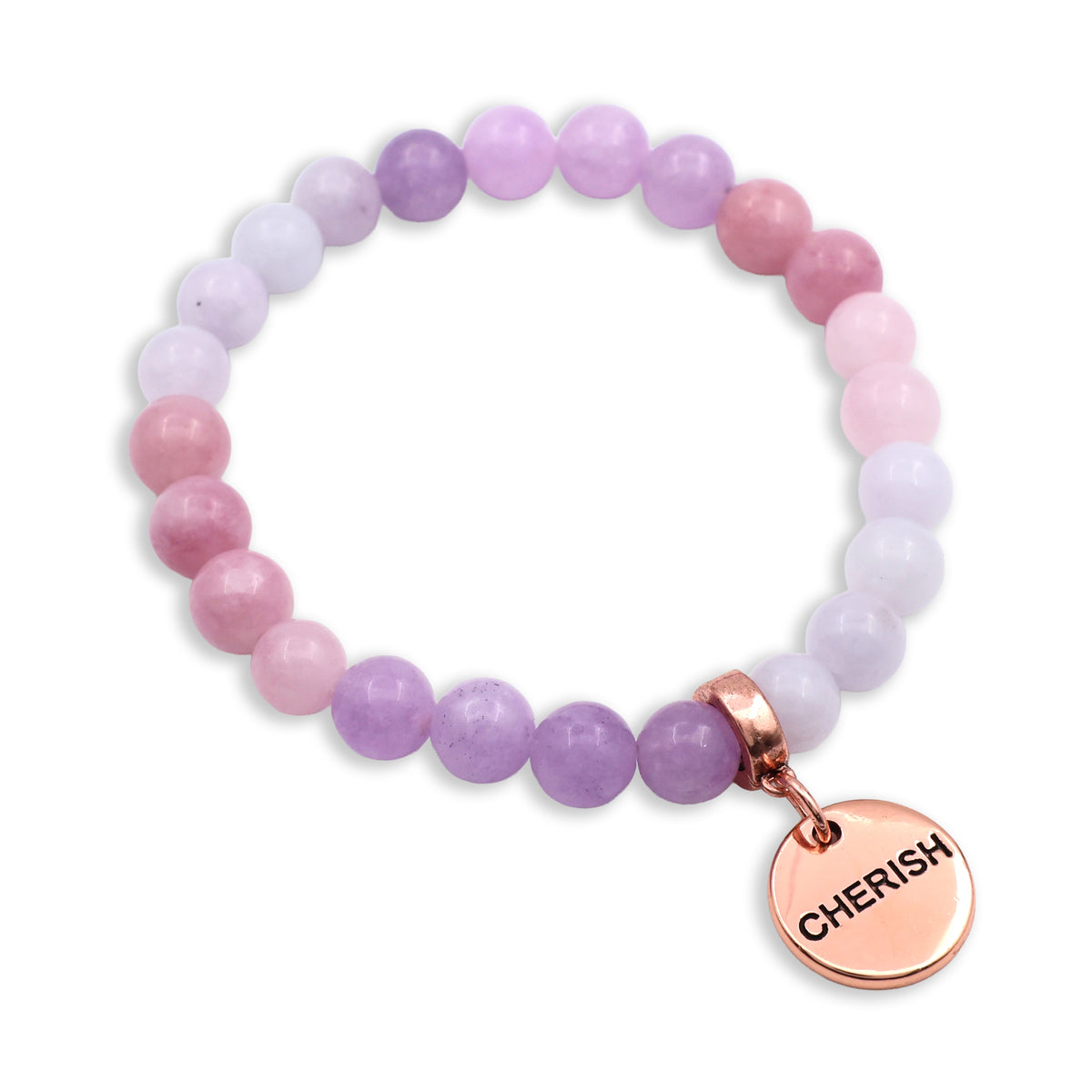 Multicolored beaded bracelet with a 'CHERISH' charm on a white background