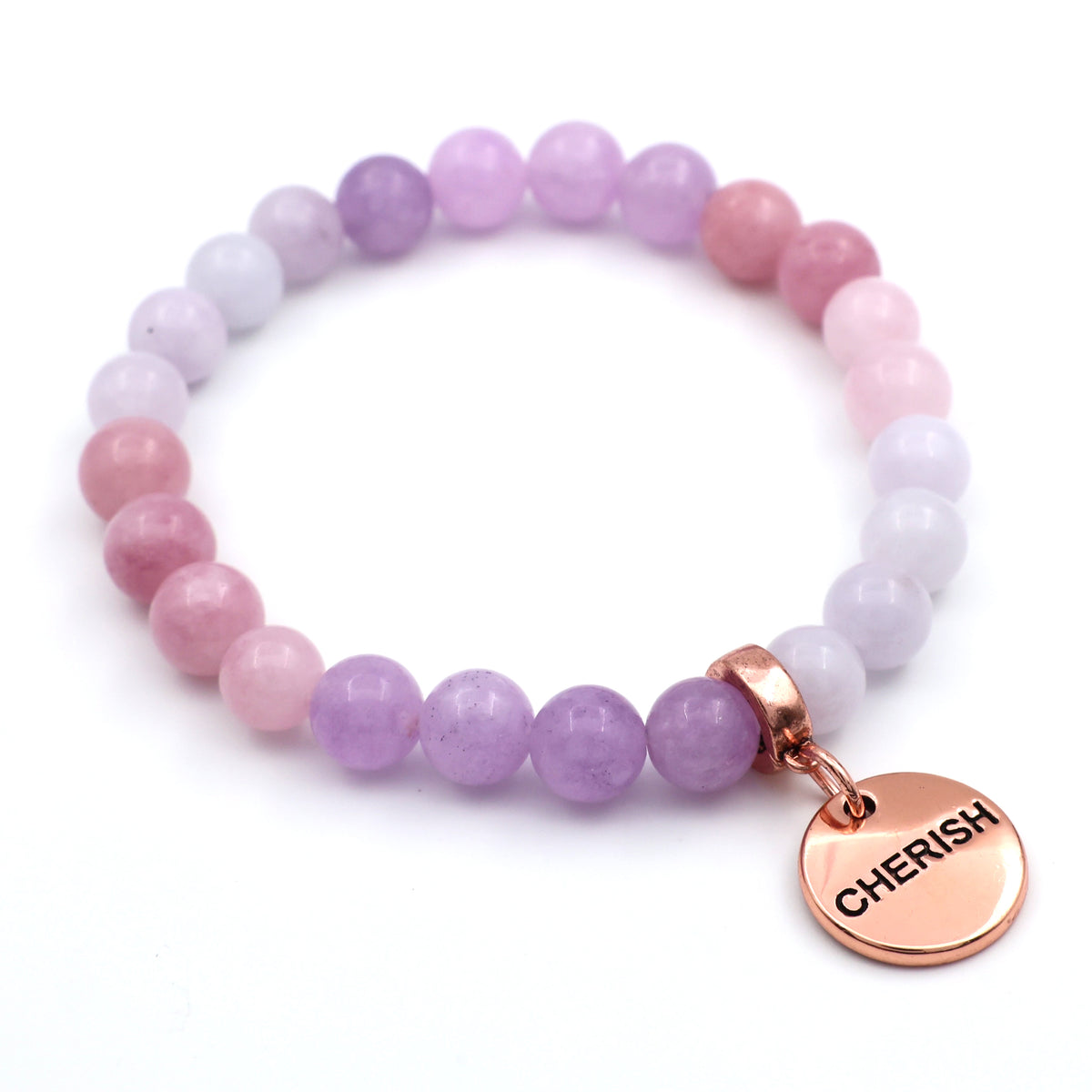 Beaded bracelet with a 'CHERISH' charm on a white background
