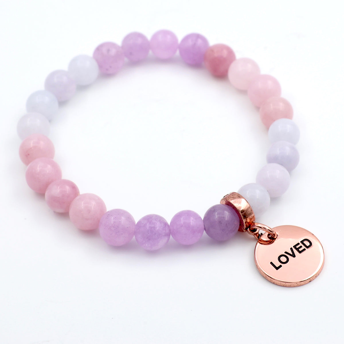 Stone Bracelet - Lilac Powder & Blush Blend Blend 8mm Beads - With Rose Gold Word charm