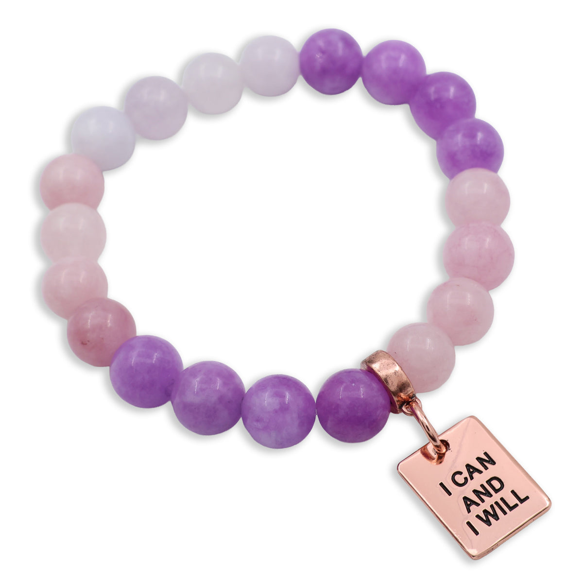 Bracelet with purple and pink beads and a rose gold tag with 'I Can And I Will' on a white background