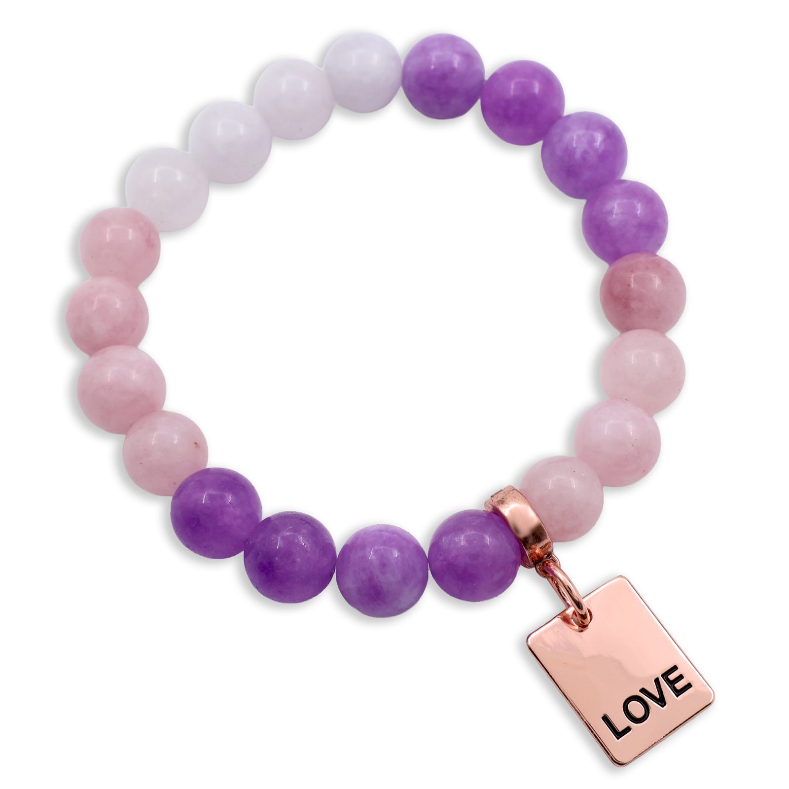 Set of beaded bracelets with inspirational charms on a white background