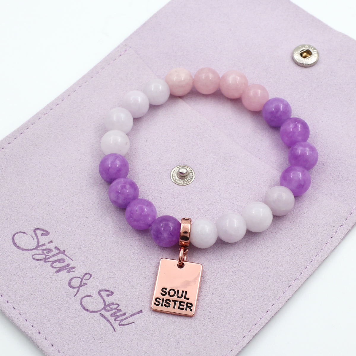 Beaded bracelet with 'Soul Sister' tag on a purple card