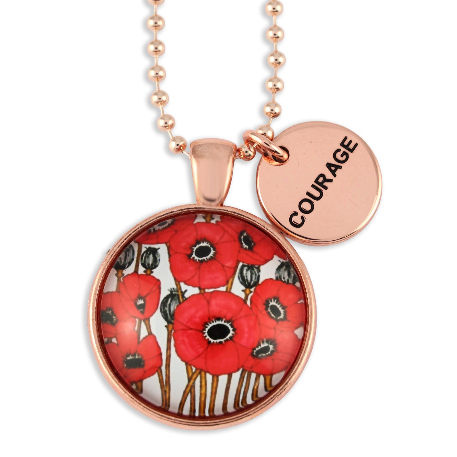Necklace with a round pendant featuring red poppies and a round tag with 'COURAGE' on a white background.