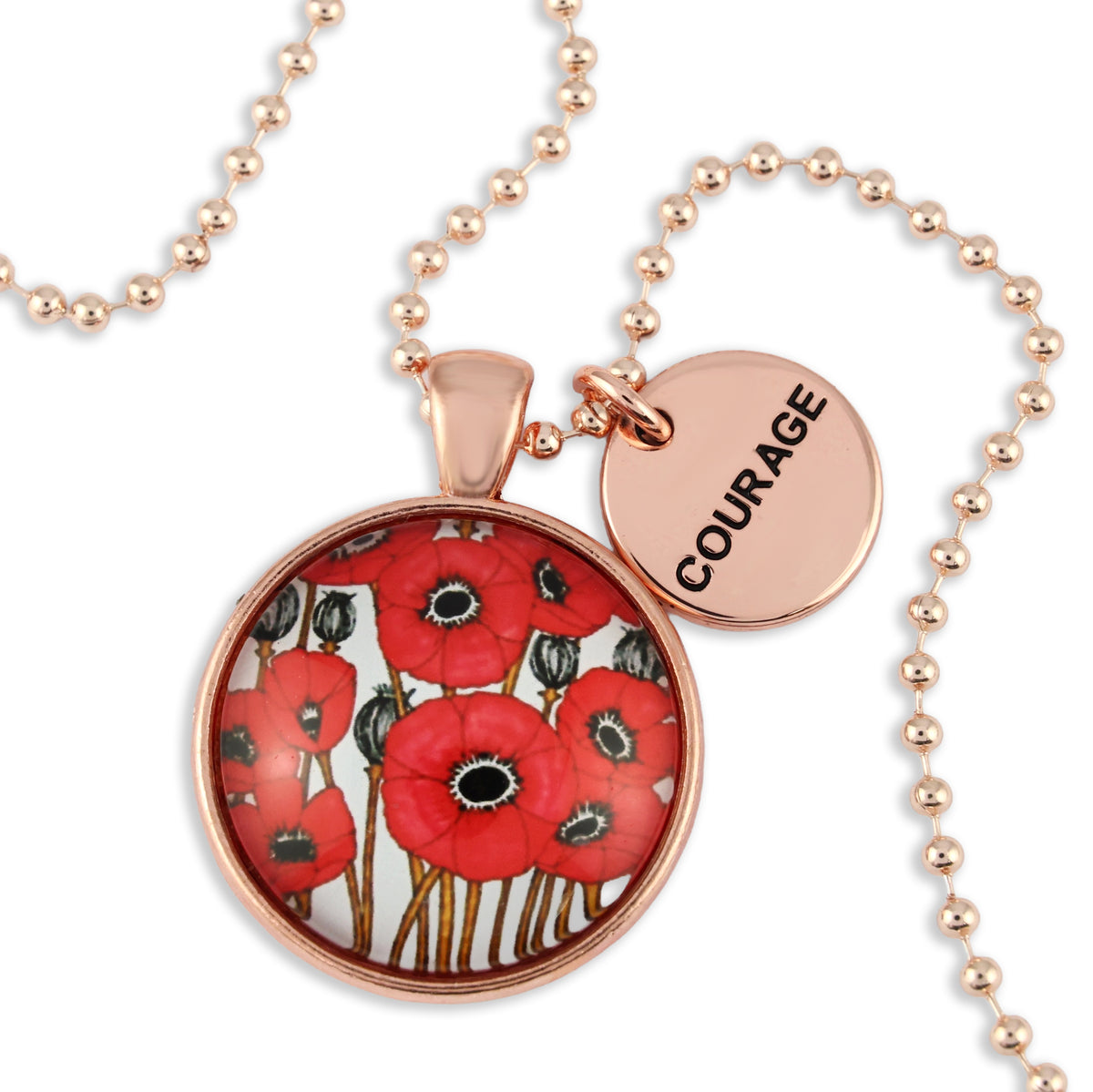 Necklace with red floral pendant and 'COURAGE' tag on rose gold chain