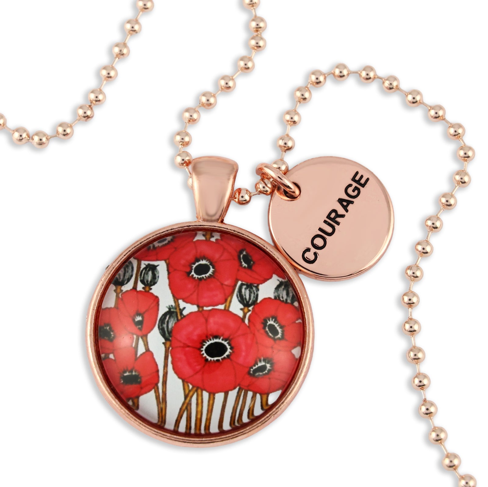 Necklace with a round pendant featuring red poppies and a round tag with 'COURAGE' on a white background.