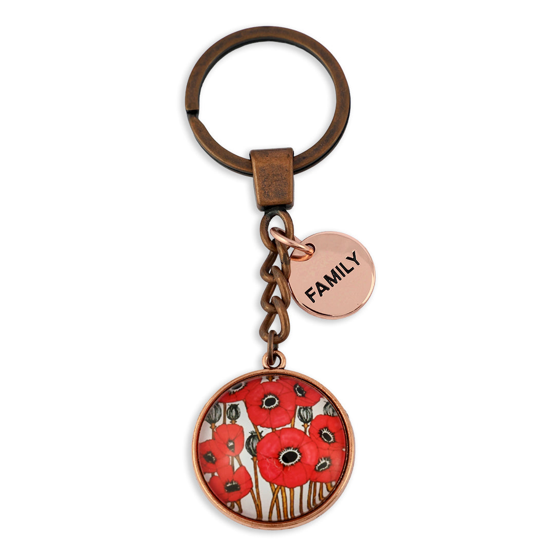 Keychain with red floral design and 'FAMILY' tag on a white background