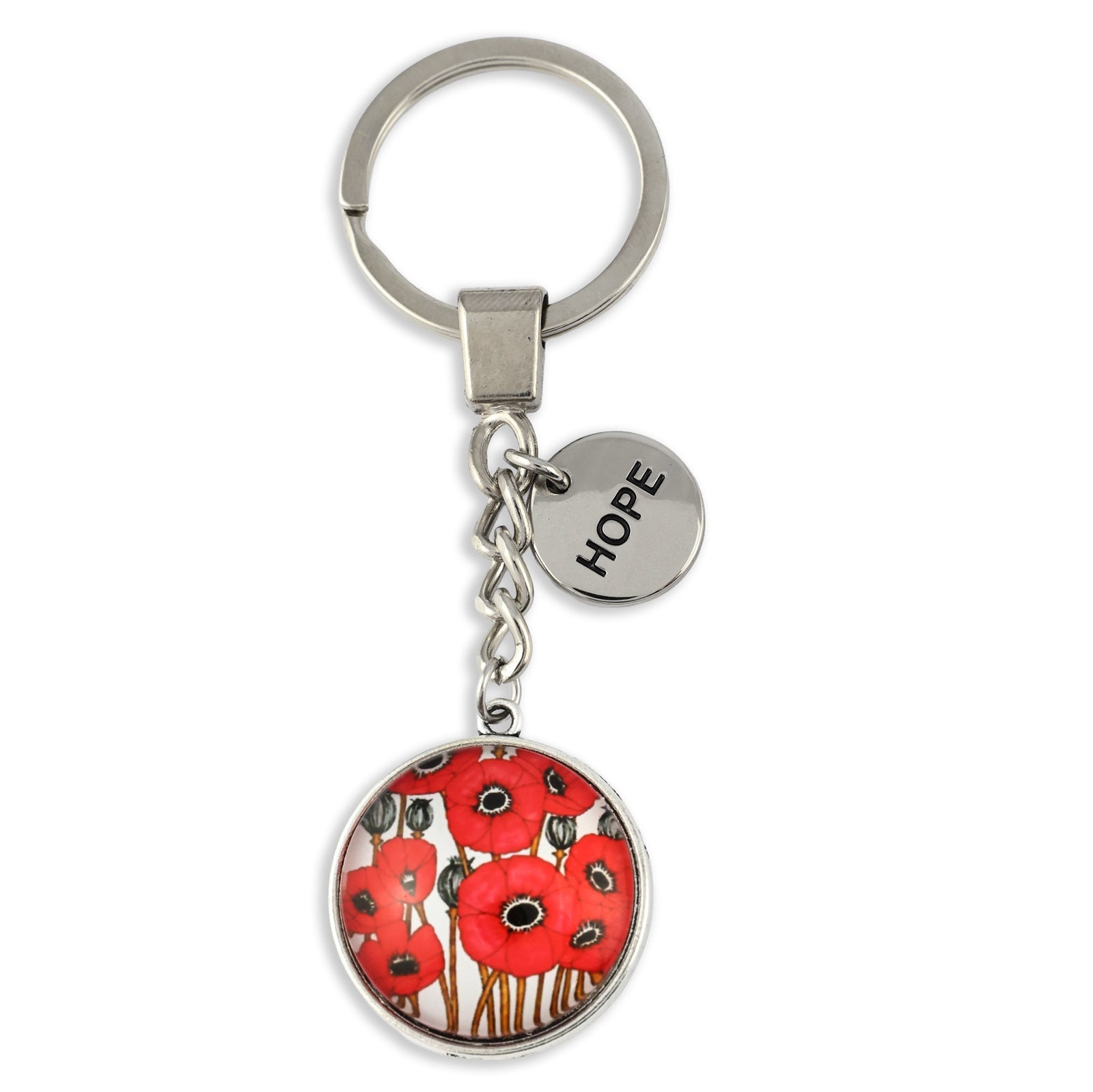 Keychain with red poppy design and 'HOPE' tag on a white background