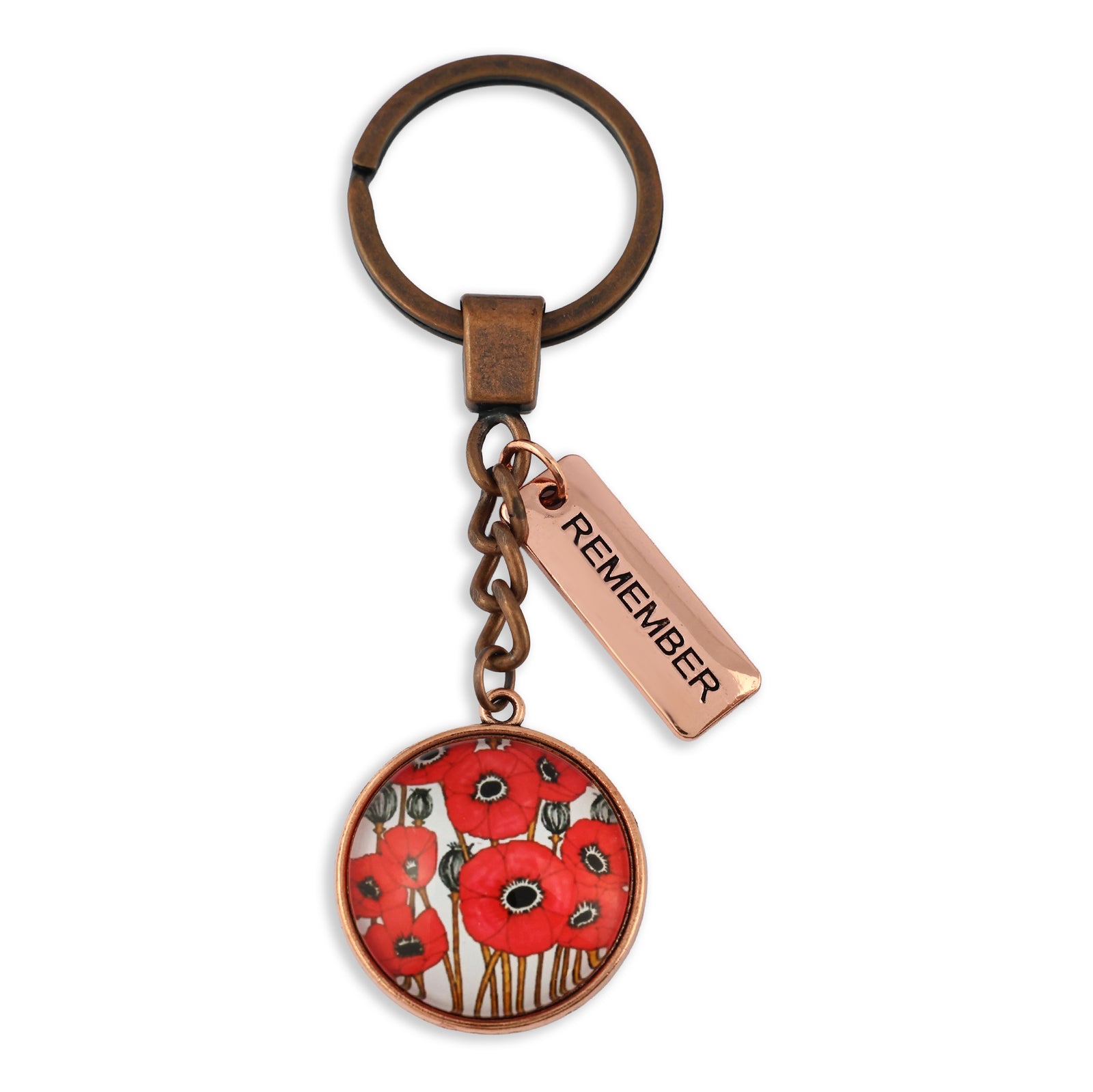 Keychain with red poppy design and 'REMEMBER' tag on a white background