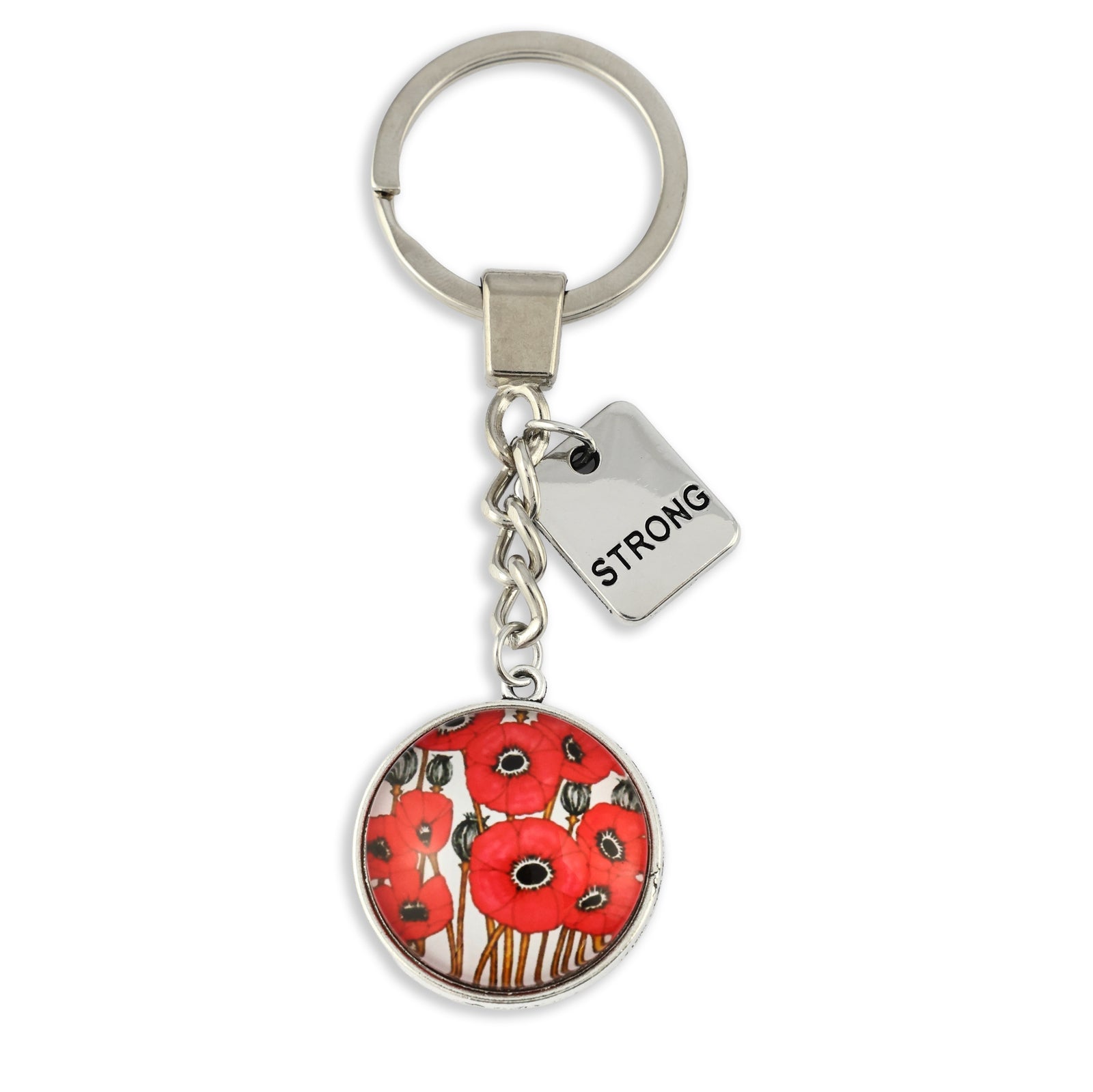 Keychain with red floral design and 'STRONG' tag on a white background