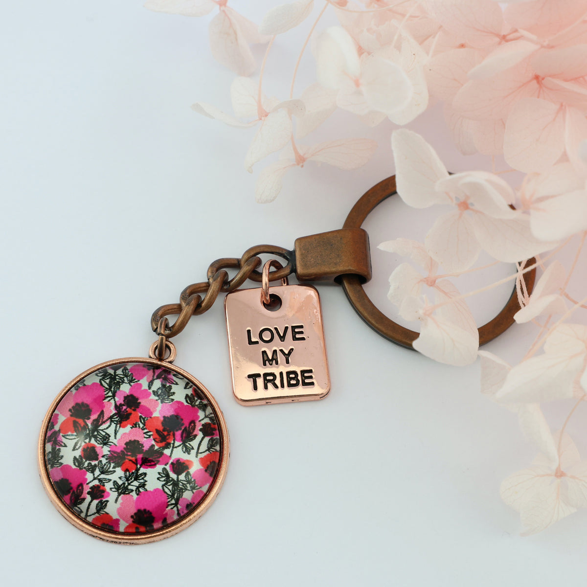 Pink print vintage copper red keychain circle pendant 'Love My Tribe' charm. This product is raising money for the National Breast Cancer Foundation. 