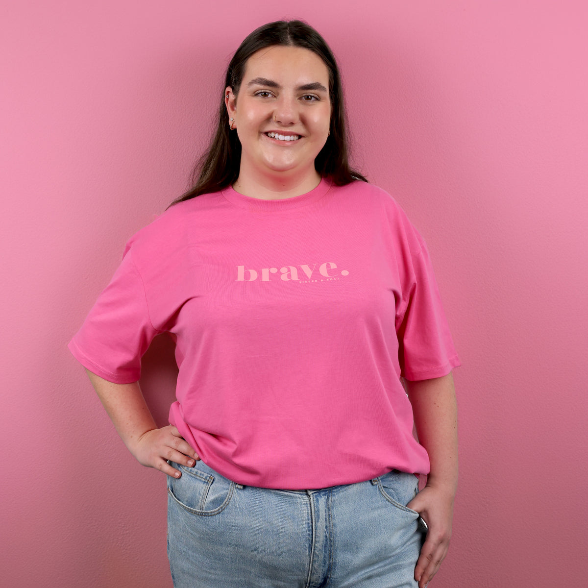 BRAVE -  Oversized Fit - Plus Size Long Boxy Tee - Pop Pink with Pink Print