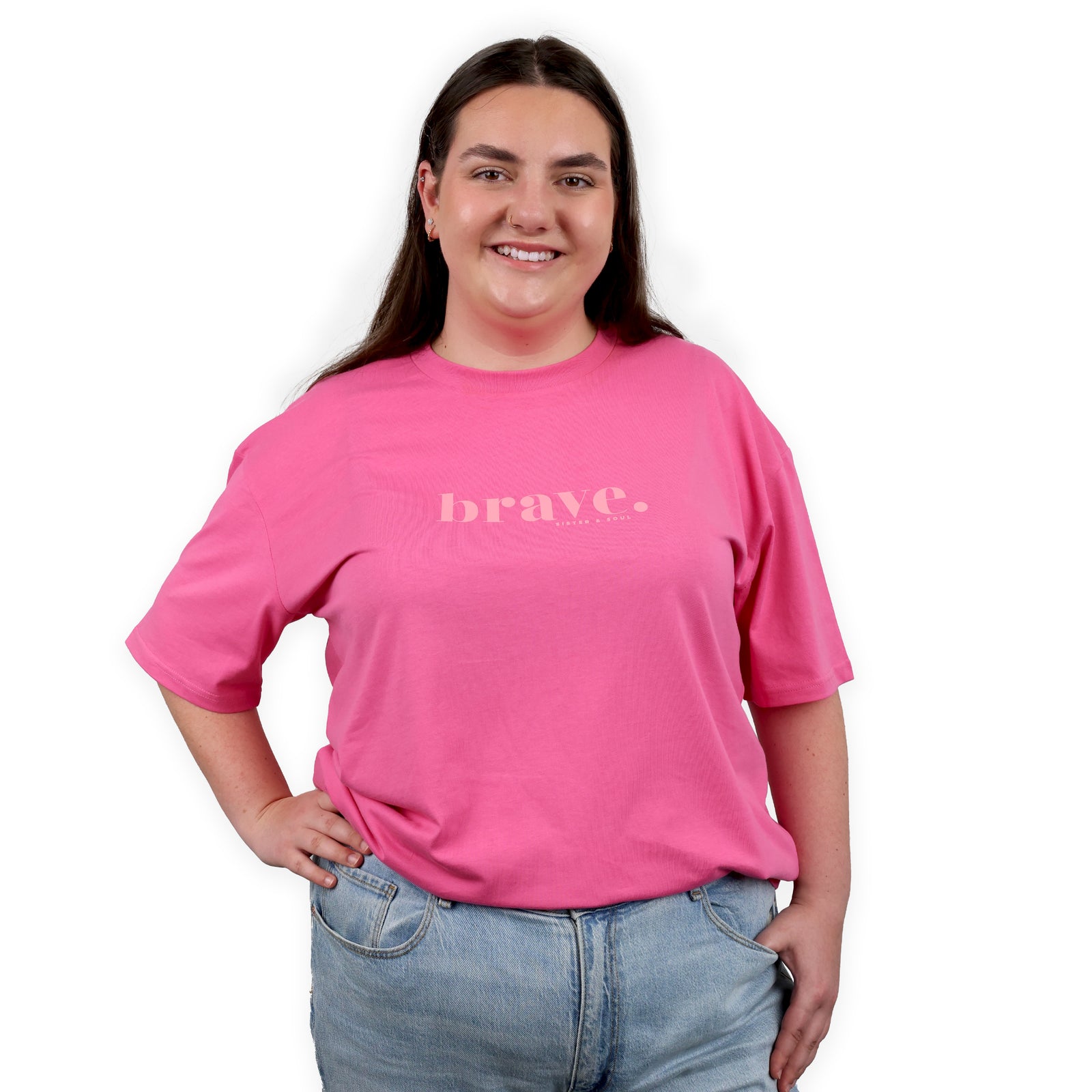 BRAVE -  Oversized Fit - Plus Size Long Boxy Tee - Pop Pink with Pink Print