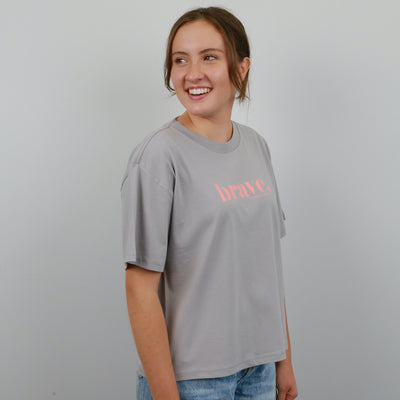 BRAVE - Storm Grey Cropped Wide Boxy Tee - Pink Print