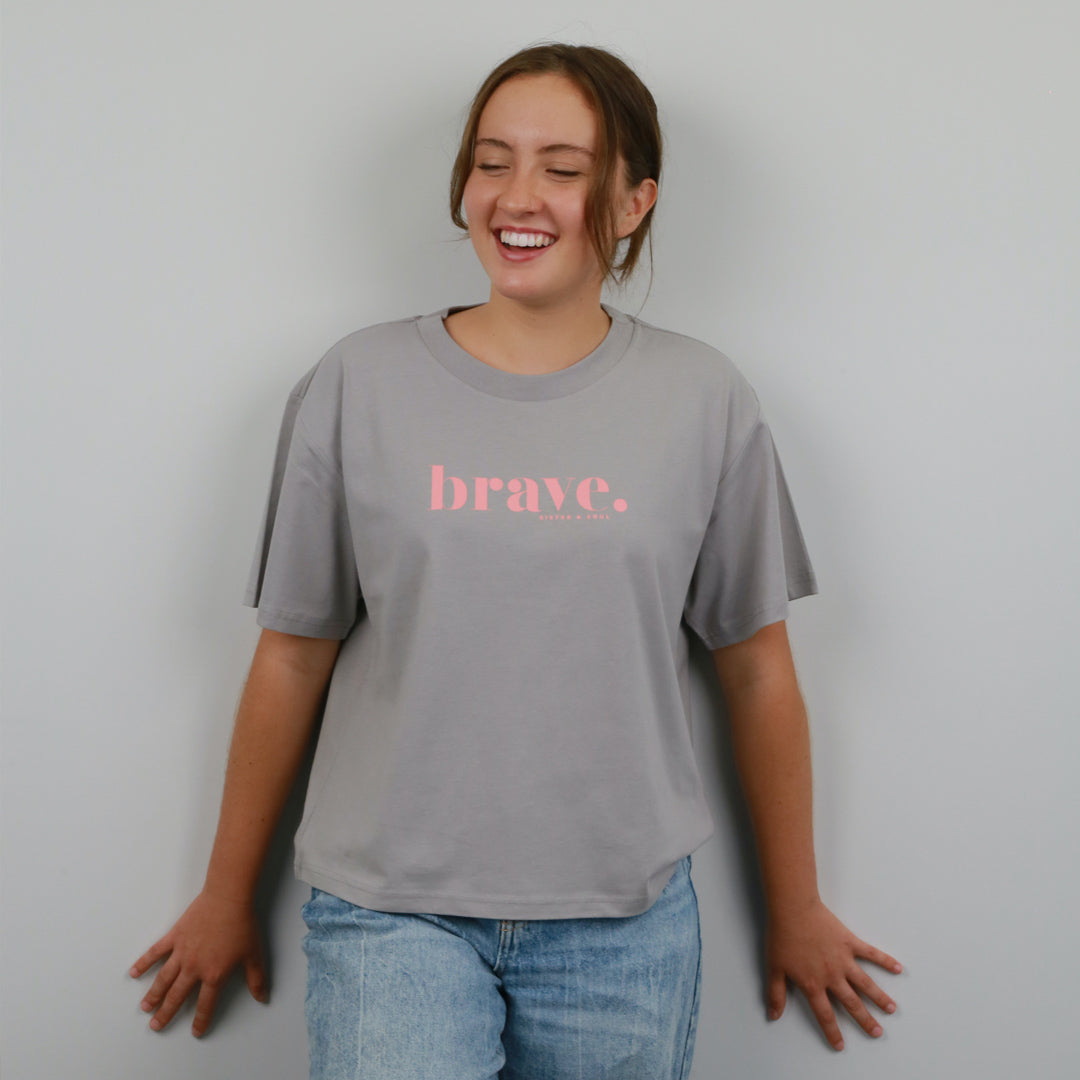 BRAVE - Storm Grey Cropped Wide Boxy Tee - Pink Print