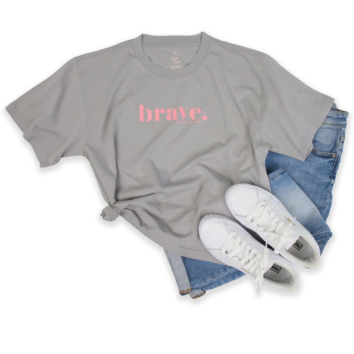 BRAVE - Storm Grey Cropped Wide Boxy Tee - Pink Print