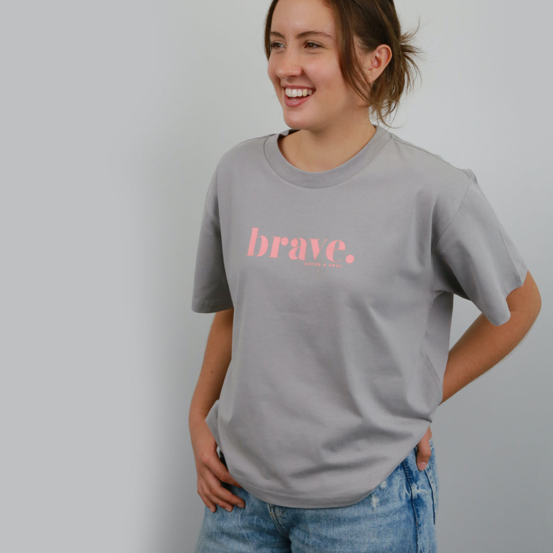 BRAVE - Storm Grey Cropped Wide Boxy Tee - Pink Print
