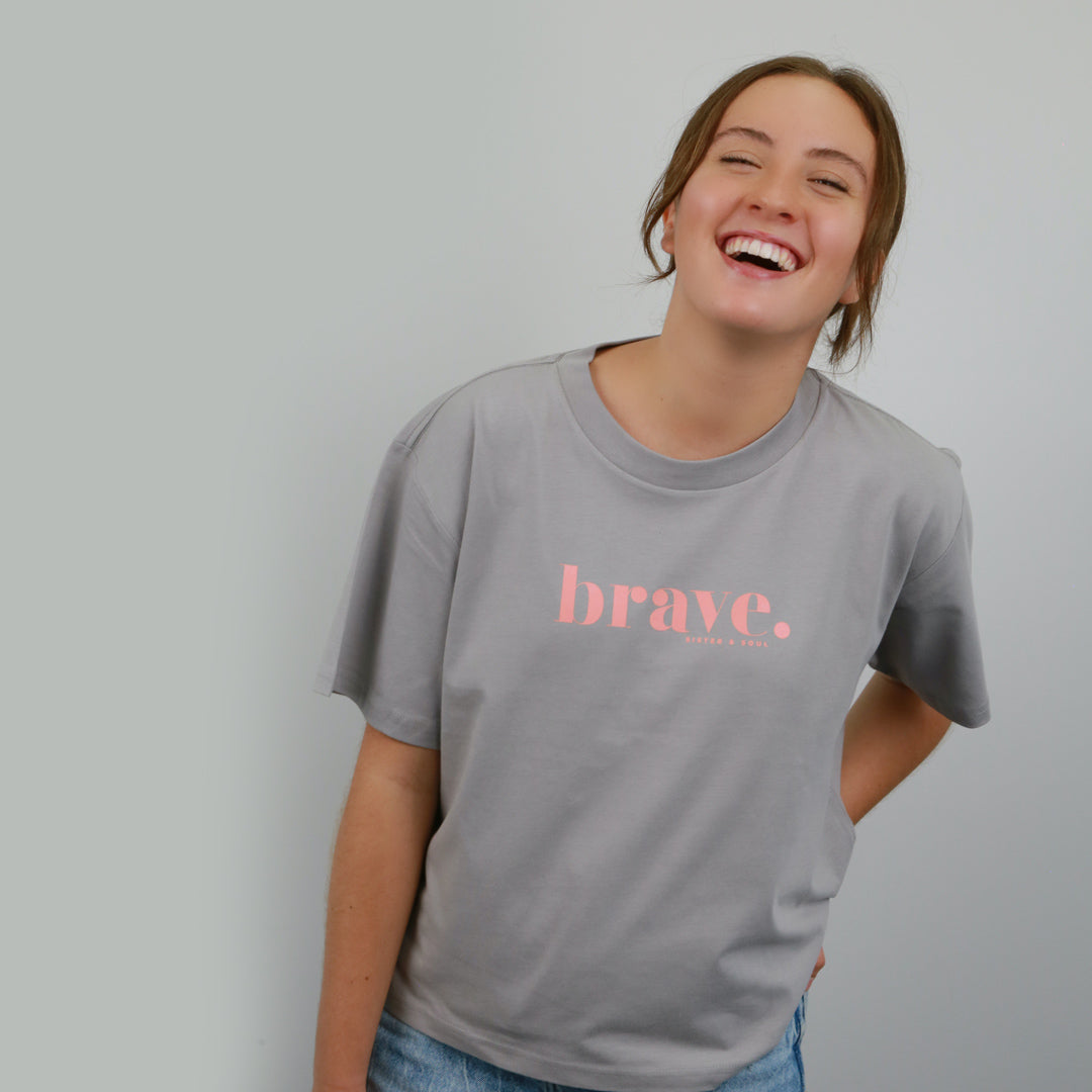 BRAVE - Storm Grey Cropped Wide Boxy Tee - Pink Print