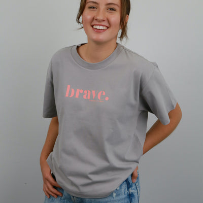 BRAVE - Storm Grey Cropped Wide Boxy Tee - Pink Print