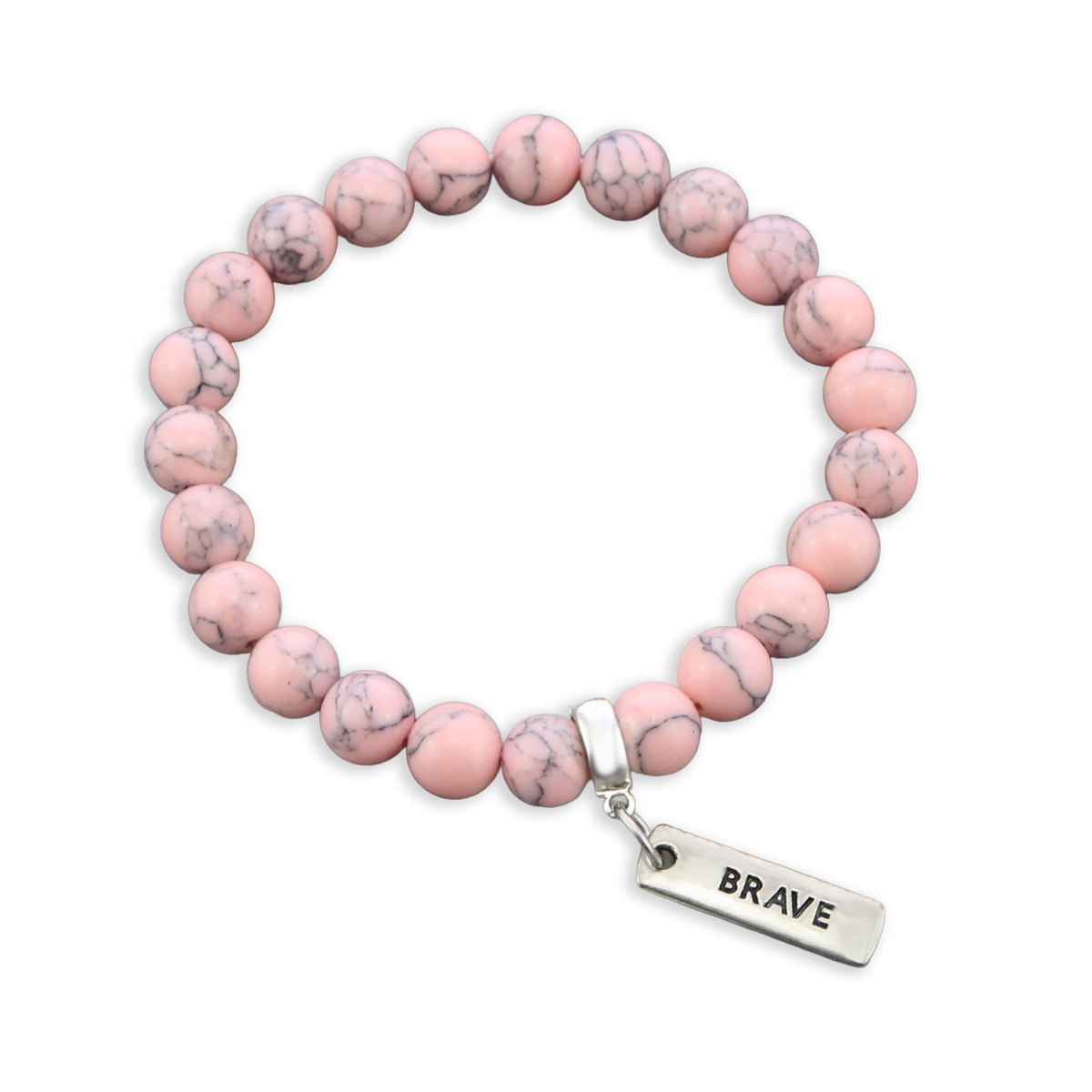 Stone Bracelet - Soft Pink Marbled 8mm Beads - with Silver Word Charm