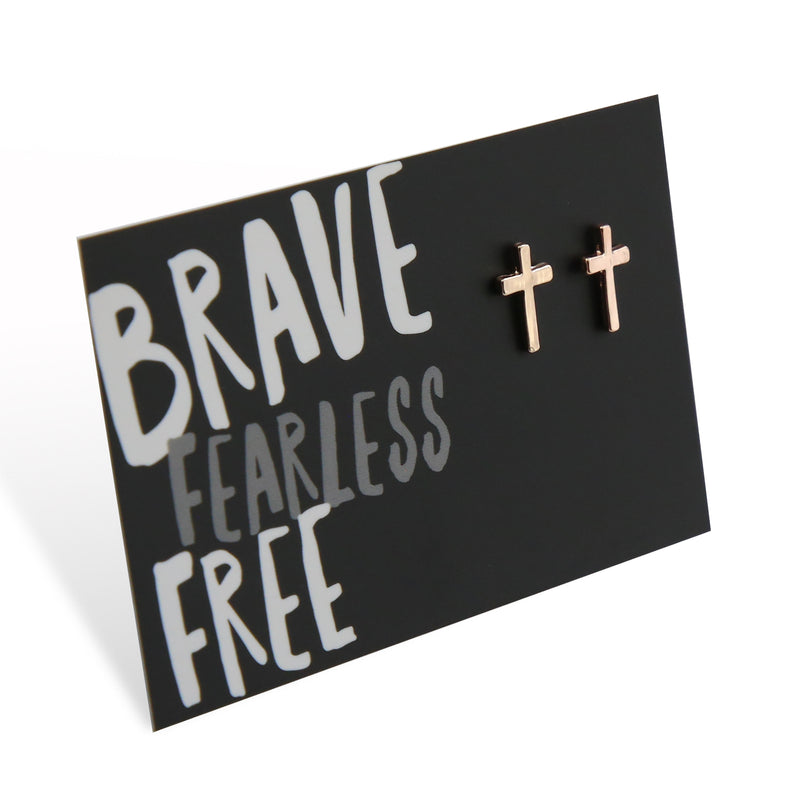 Brave Fearless Free! Cross Stud Earrings - Rose Gold (9317)