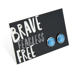 Blue Collection - Brave Fearless Free - Bright Silver 12mm Circle Studs - Blue Paisley (12324)