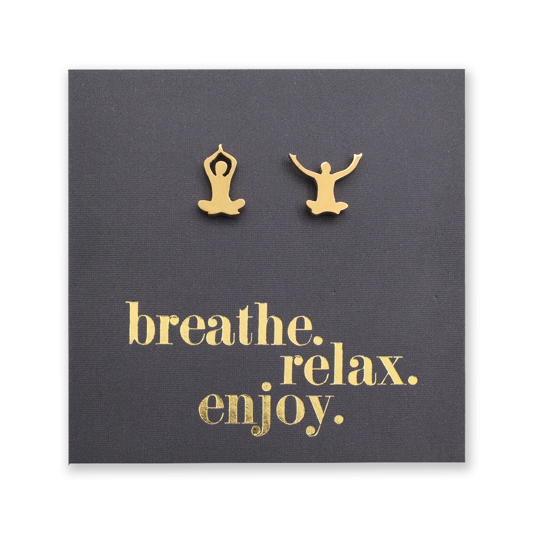 Stainless Steel Earring Studs - Breathe Relax Enjoy - YOGA
