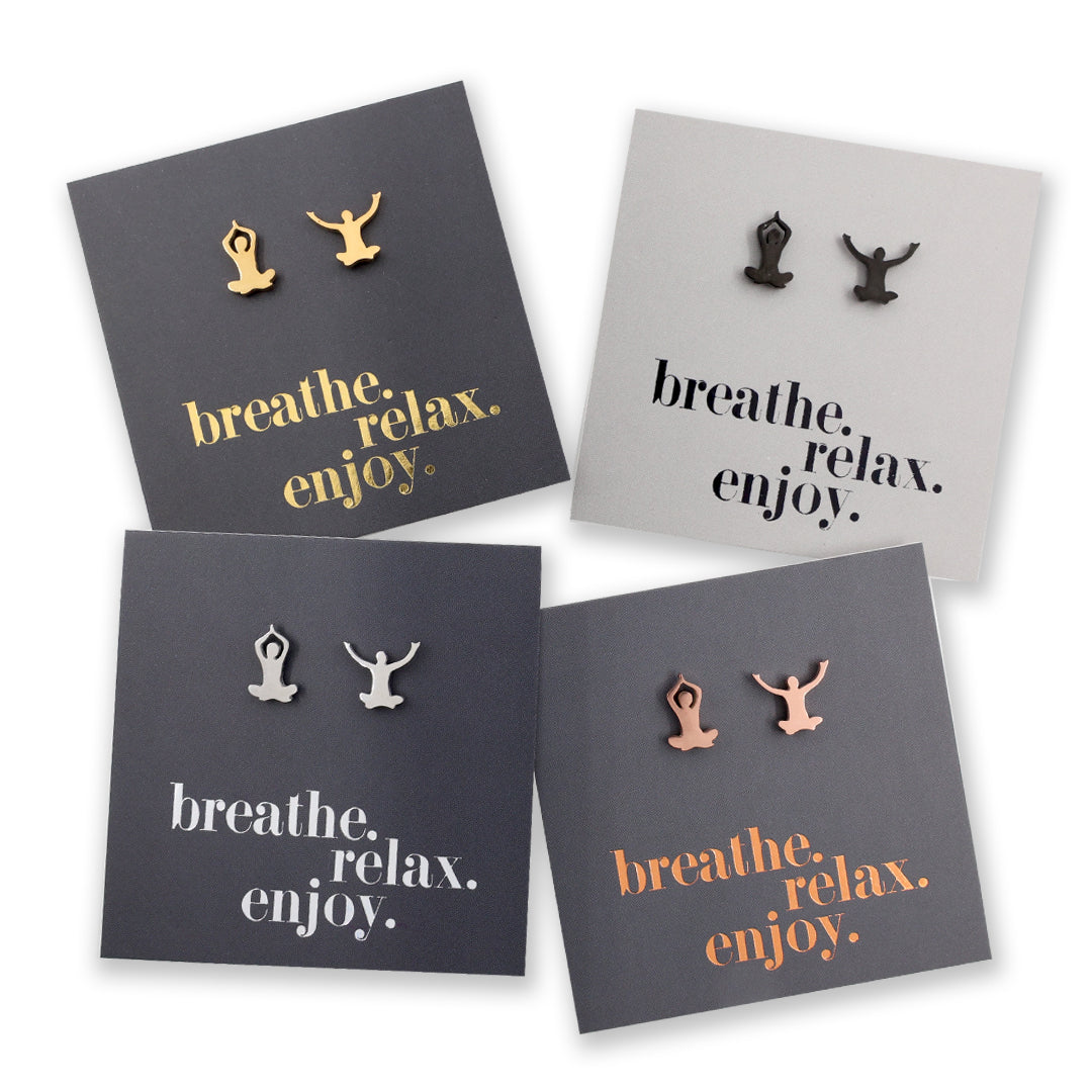 Stainless Steel Earring Studs - Breathe Relax Enjoy - YOGA