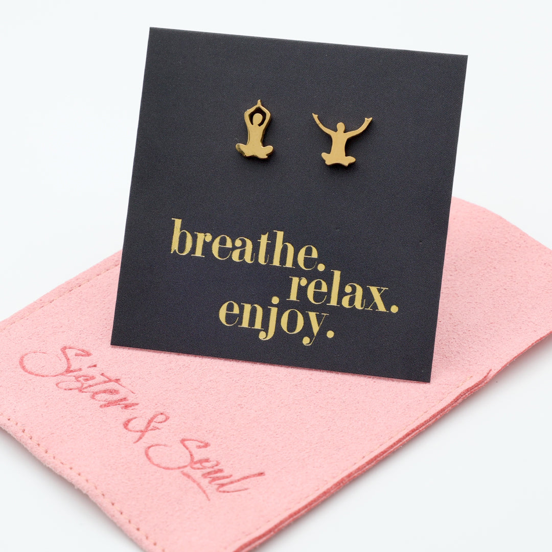 Stainless Steel Earring Studs - Breathe Relax Enjoy - YOGA