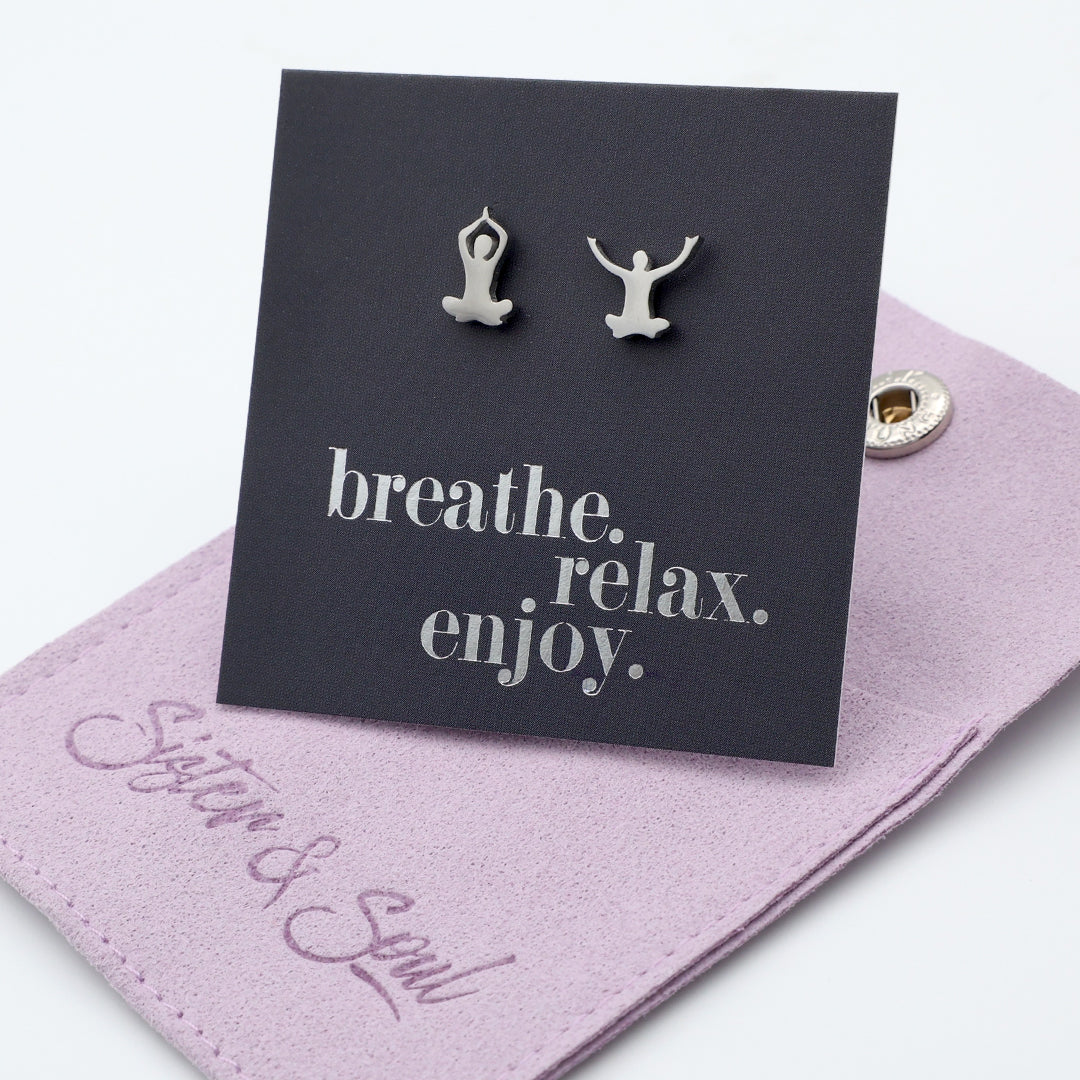 Stainless Steel Earring Studs - Breathe Relax Enjoy - YOGA