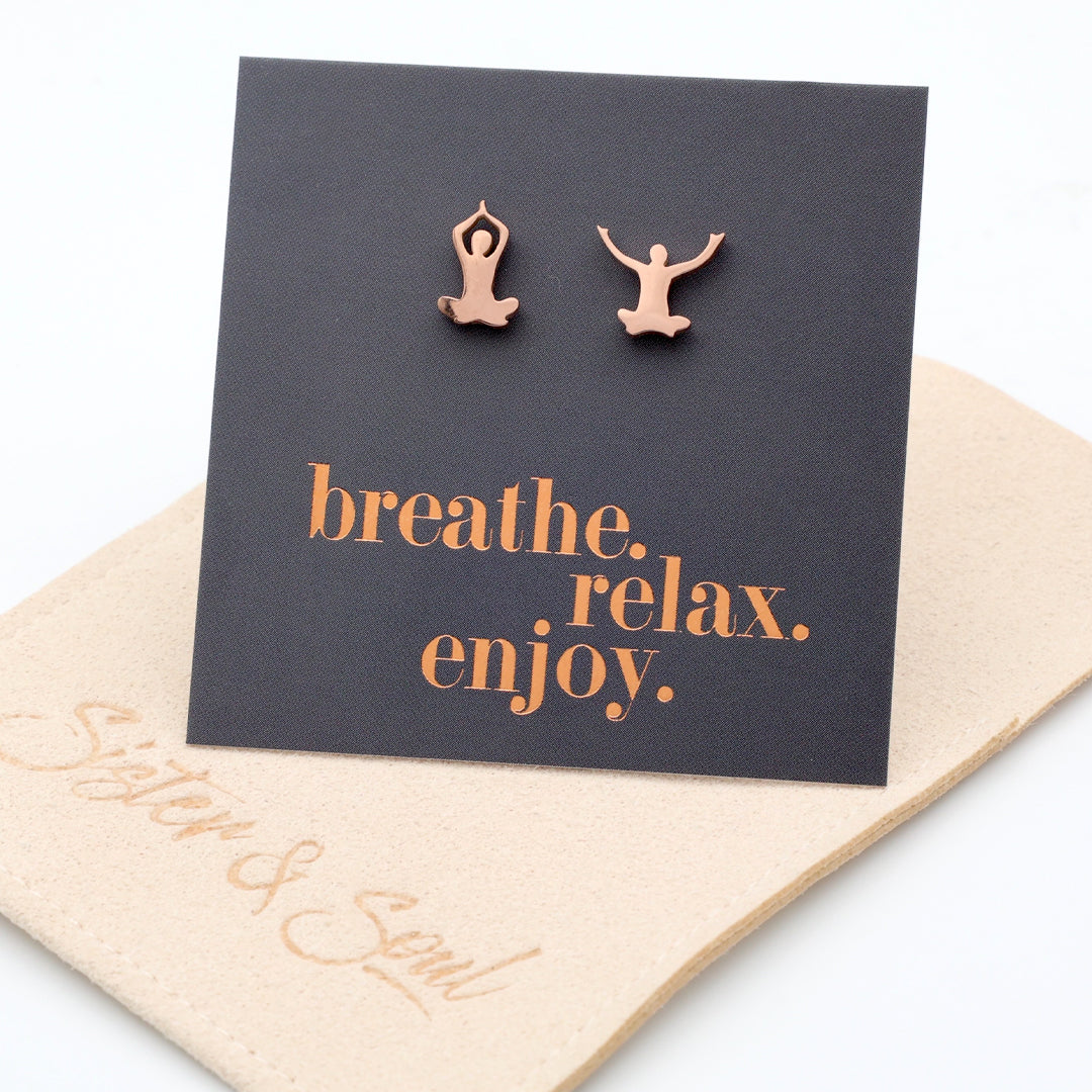 Stainless Steel Earring Studs - Breathe Relax Enjoy - YOGA
