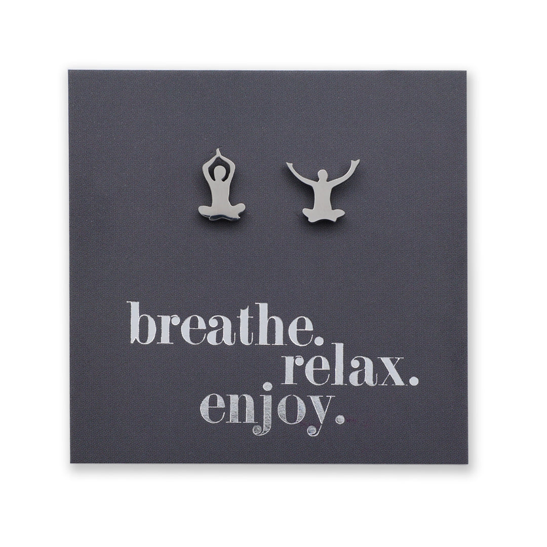 Stainless Steel Earring Studs - Breathe Relax Enjoy - YOGA