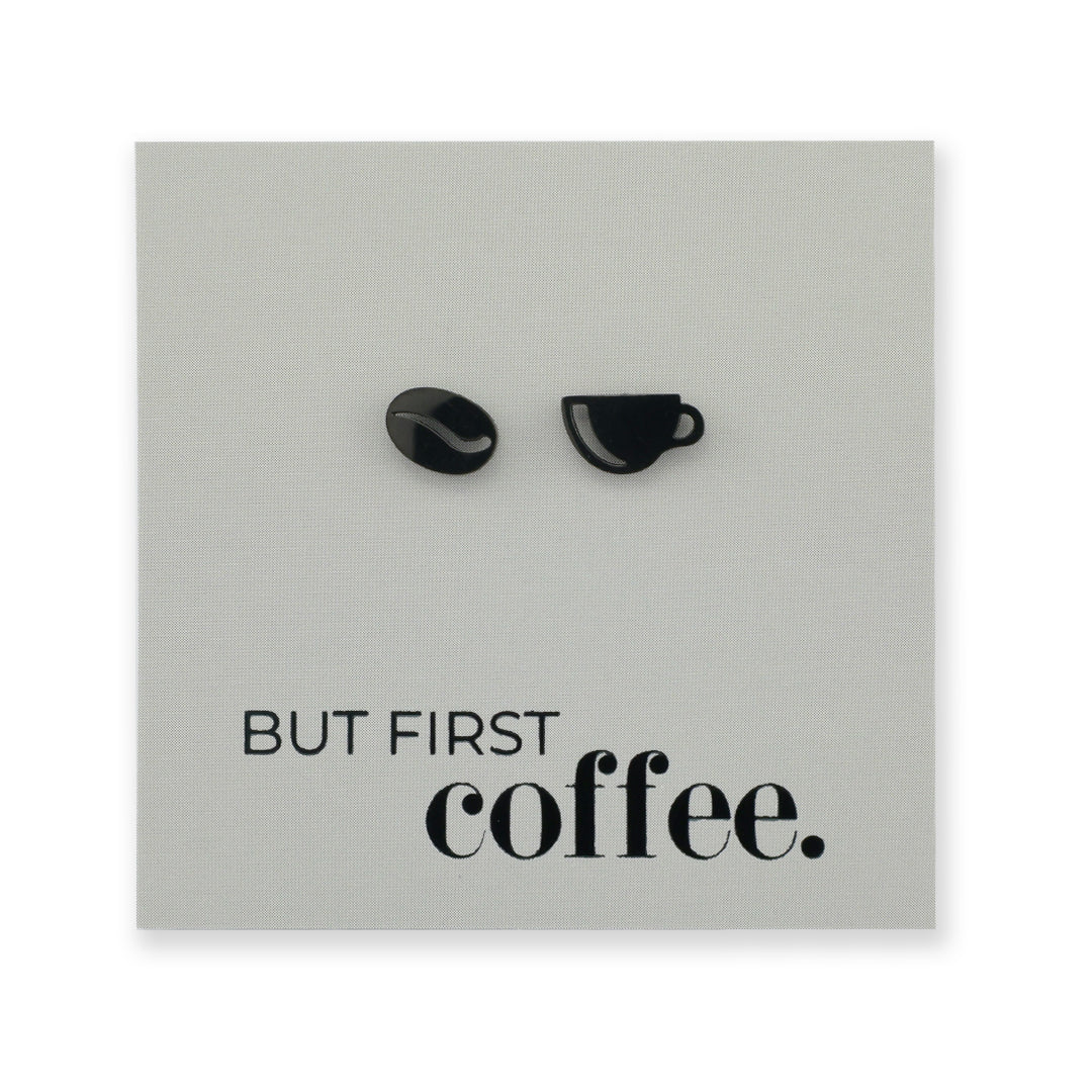 Stainless Steel Earring Studs - But First Coffee - COFFEE CUP & BEAN