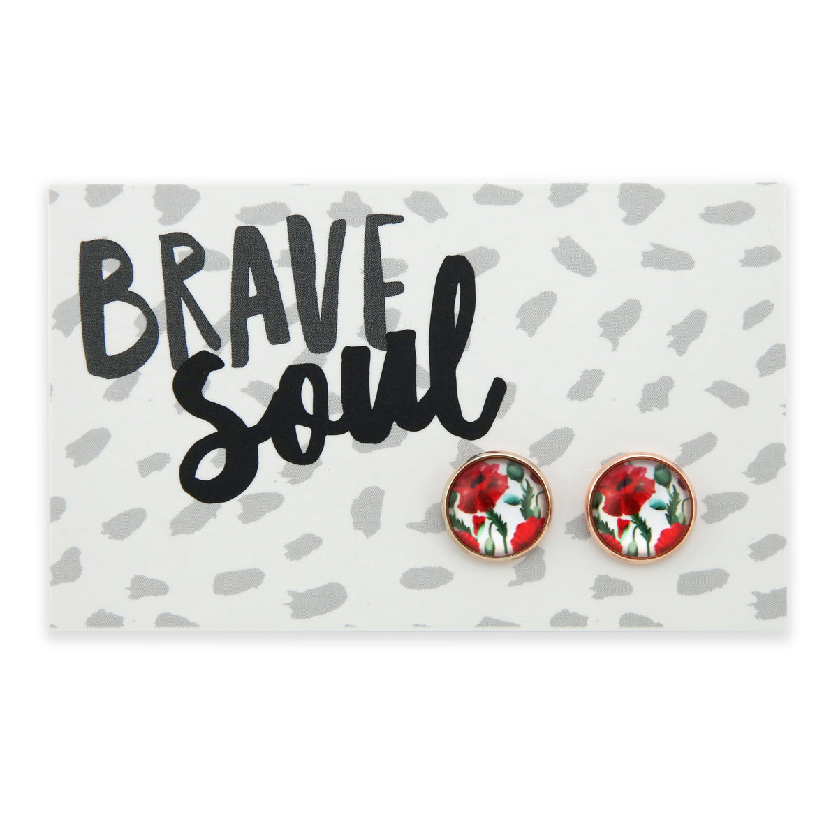 Floral earrings on a card with 'Brave Soul' text