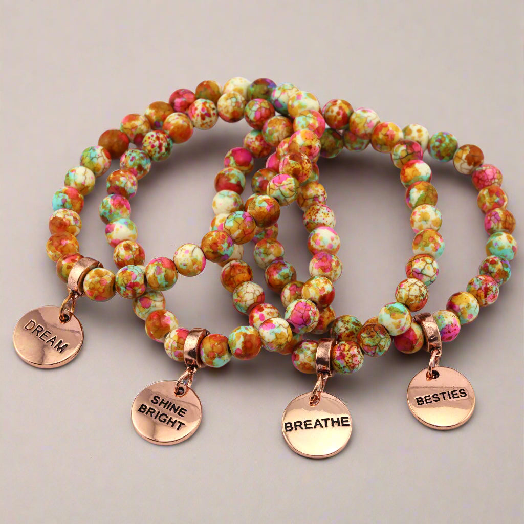 Stone Bracelet - Carnival Patch Agate Speckled Howlite Stone 8mm Beads - With Rose Gold charm