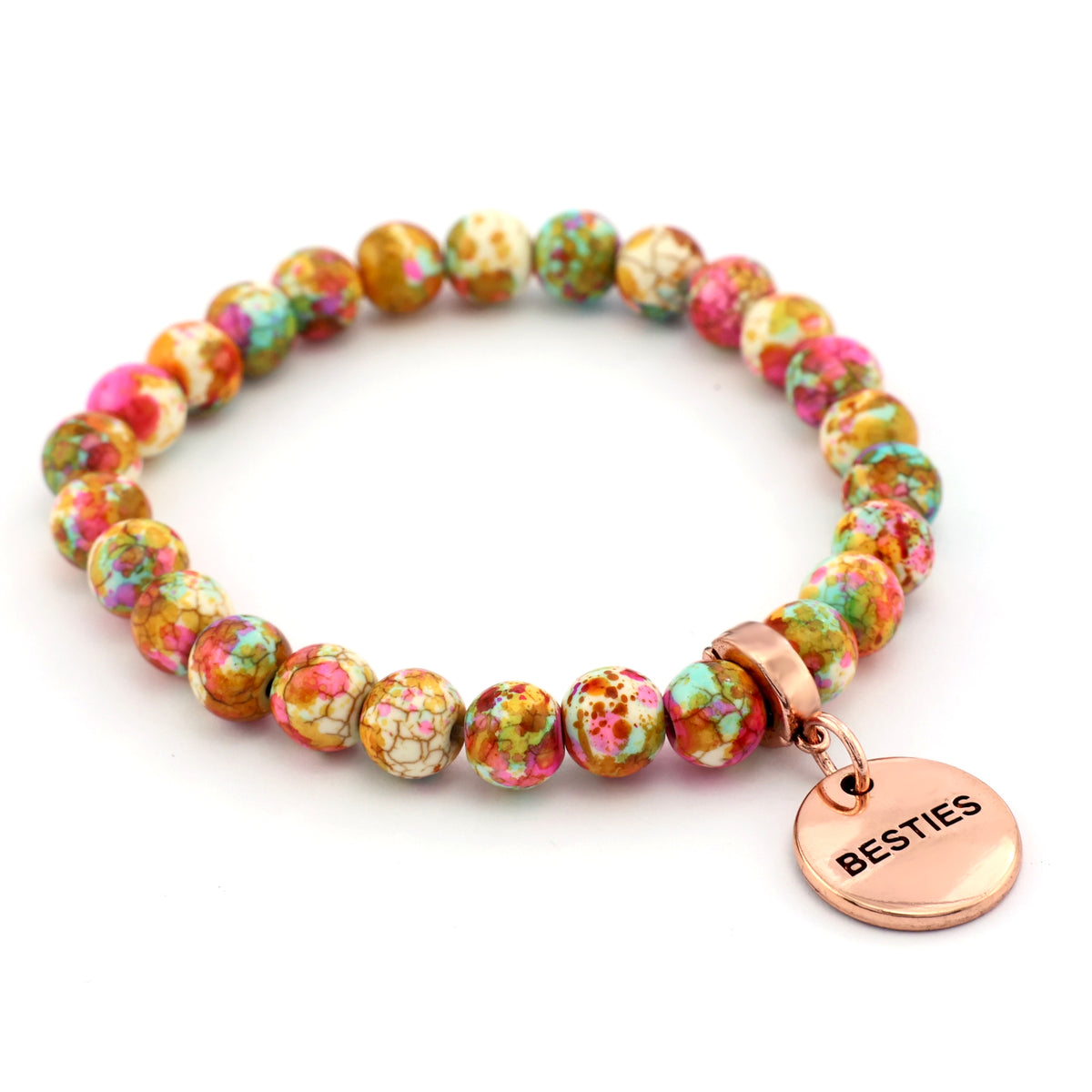 Stone Bracelet - Carnival Patch Agate Speckled Howlite Stone 8mm Beads - With Rose Gold charm