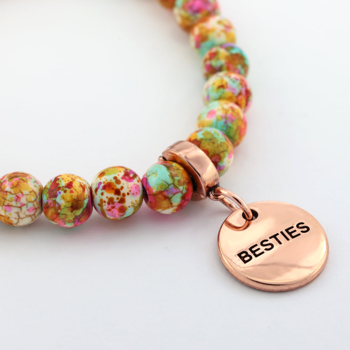 Stone Bracelet - Carnival Patch Agate Speckled Howlite Stone 8mm Beads - With Rose Gold charm