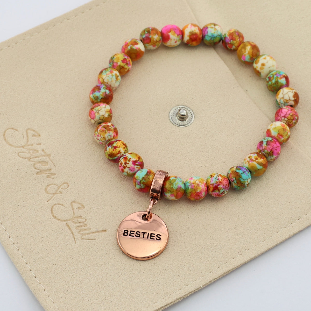 Stone Bracelet - Carnival Patch Agate Speckled Howlite Stone 8mm Beads - With Rose Gold charm
