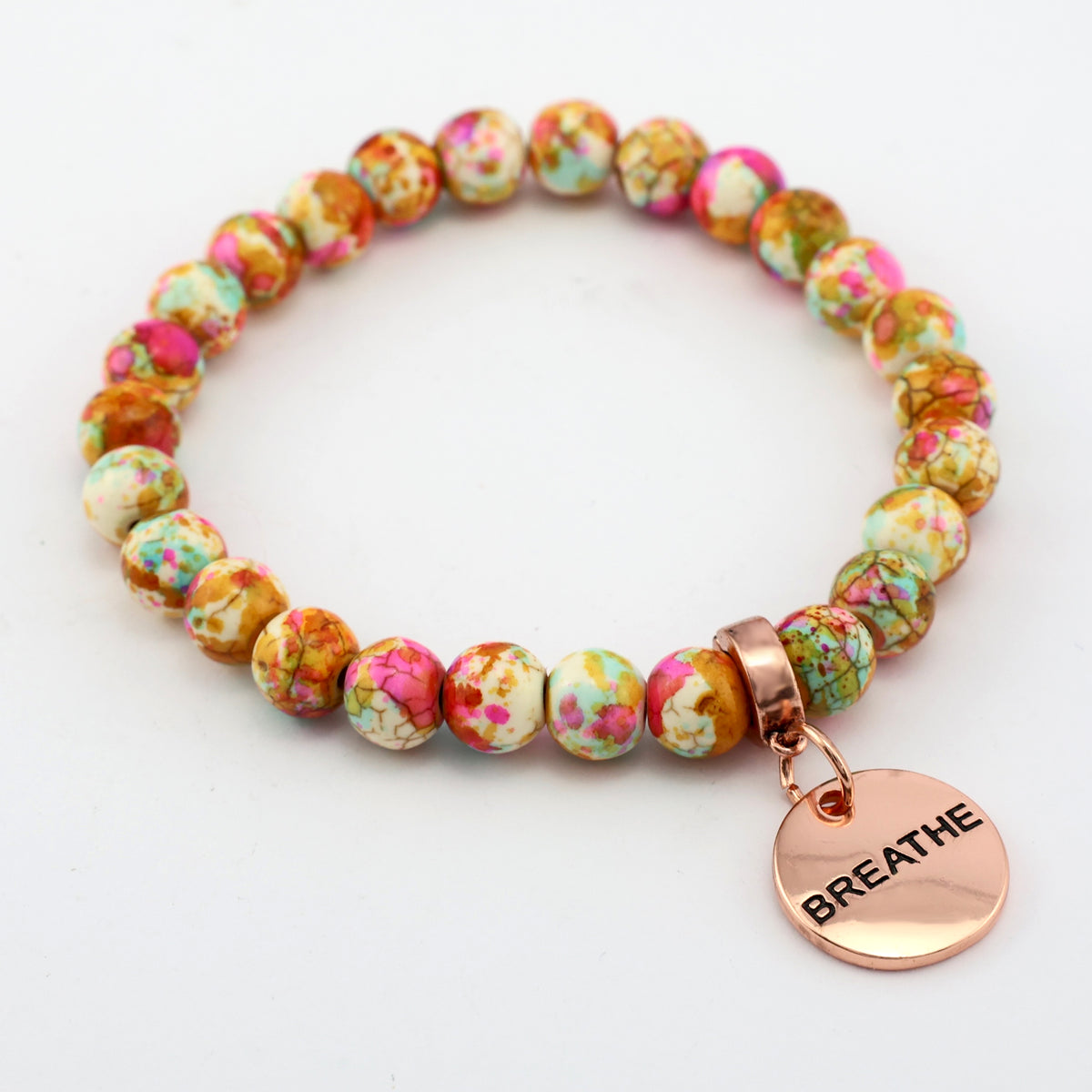 Stone Bracelet - Carnival Patch Agate Speckled Howlite Stone 8mm Beads - With Rose Gold charm