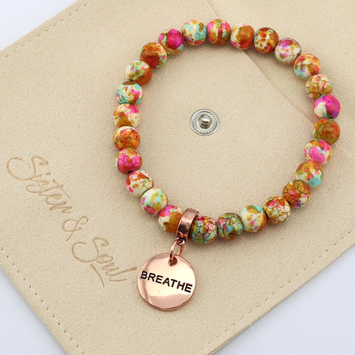 Stone Bracelet - Carnival Patch Agate Speckled Howlite Stone 8mm Beads - With Rose Gold charm