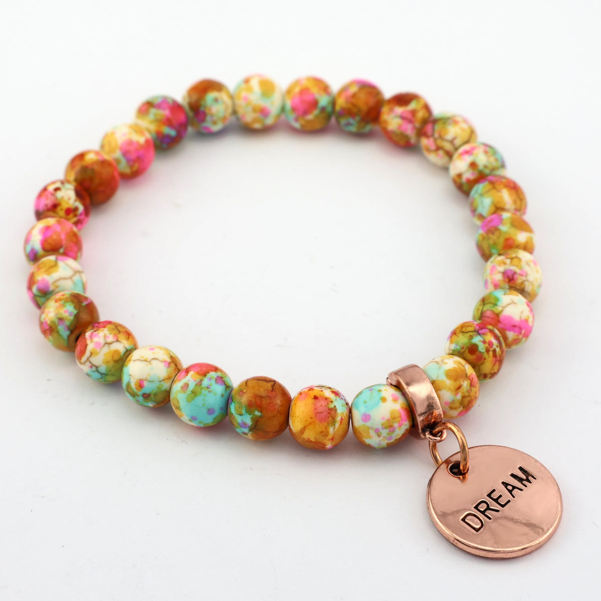 Stone Bracelet - Carnival Patch Agate Speckled Howlite Stone 8mm Beads - With Rose Gold charm