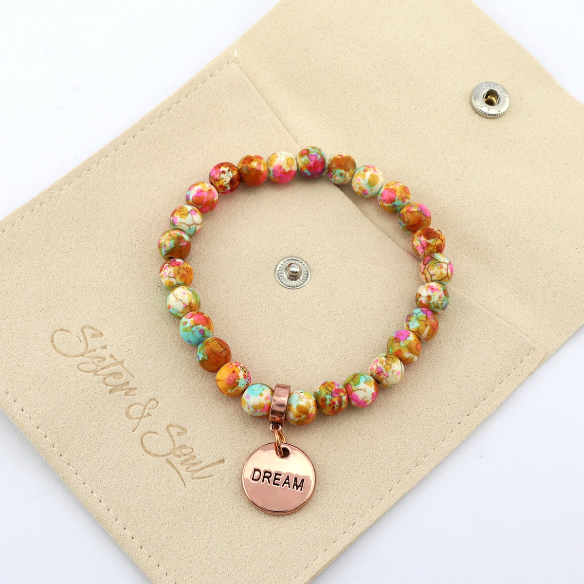 Stone Bracelet - Carnival Patch Agate Speckled Howlite Stone 8mm Beads - With Rose Gold charm