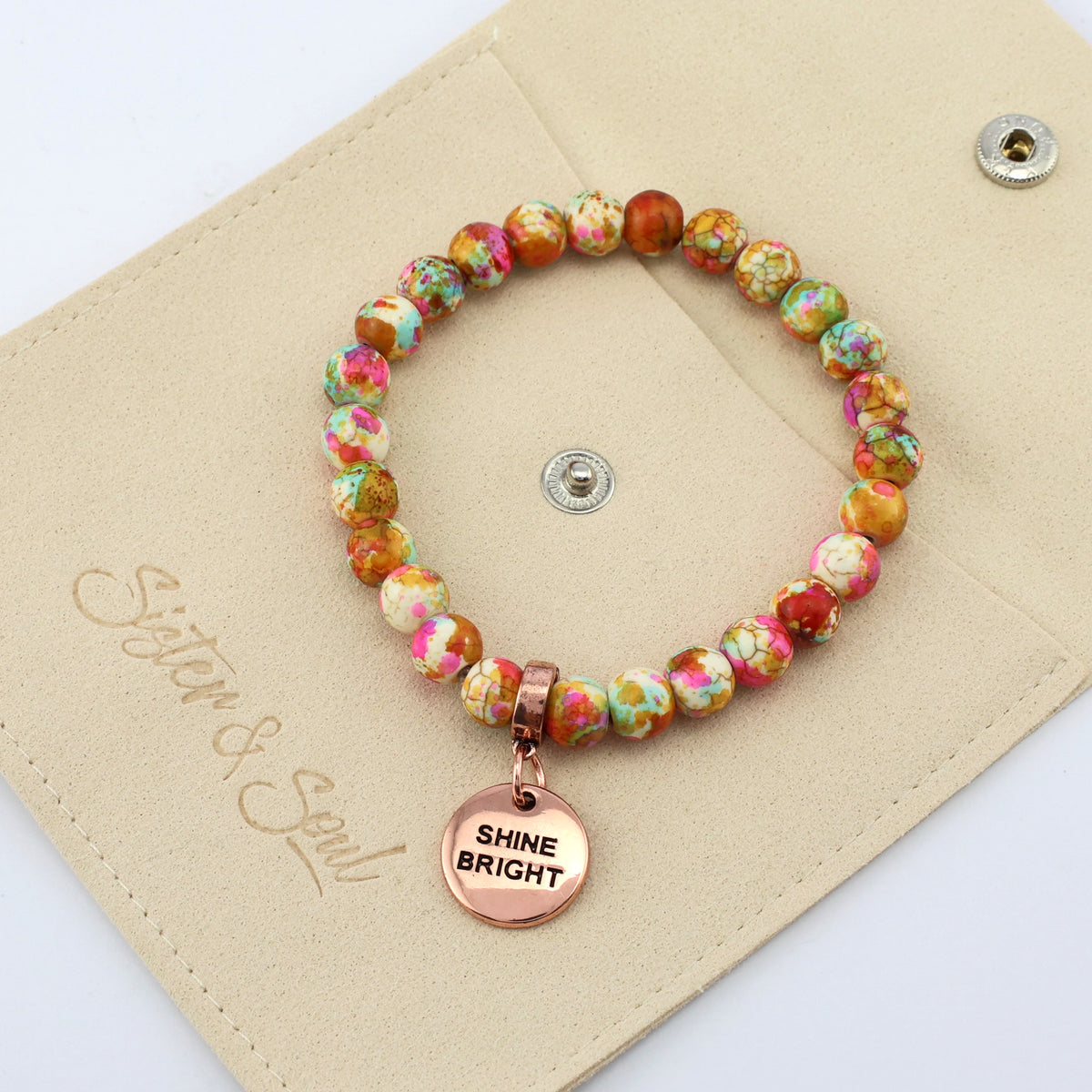 Stone Bracelet - Carnival Patch Agate Speckled Howlite Stone 8mm Beads - With Rose Gold charm