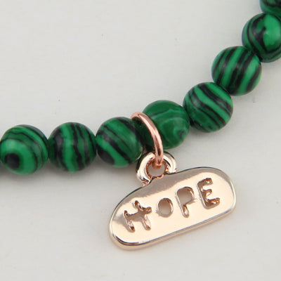 Christmas Bracelet - Green Stripe Malachite Stone 6mm Bracelet with Rose Gold Word Charm