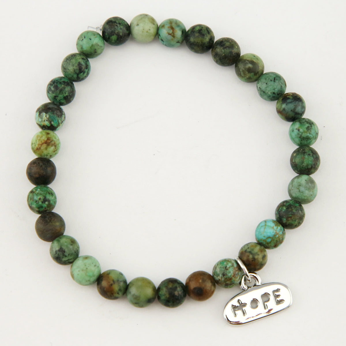 Christmas Bracelet  - Moss Green Agate 6mm Bead Bracelet with Silver Word Charm