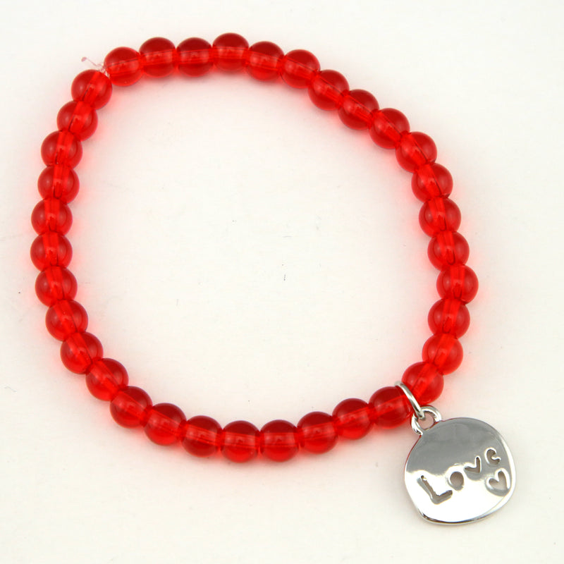 Christmas Bracelet  - Red Glass 6mm Bead Bracelet with Silver Word Charm
