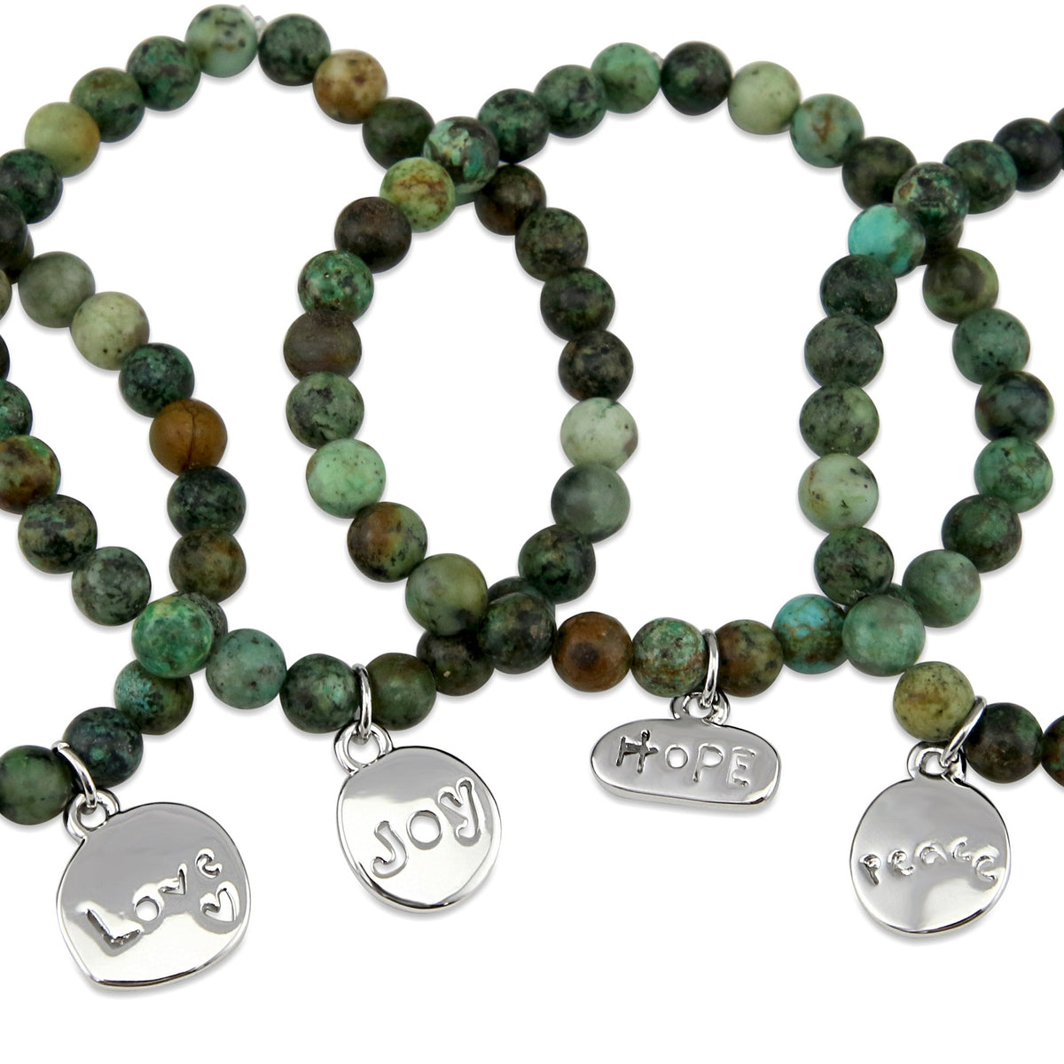 Christmas Bracelet  - Moss Green Agate 6mm Bead Bracelet with Silver Word Charm